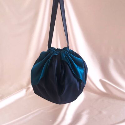 Sac Mitzi Puff en soie bleu sarcelle et bleu marine français et chaîne en écaille de tortue