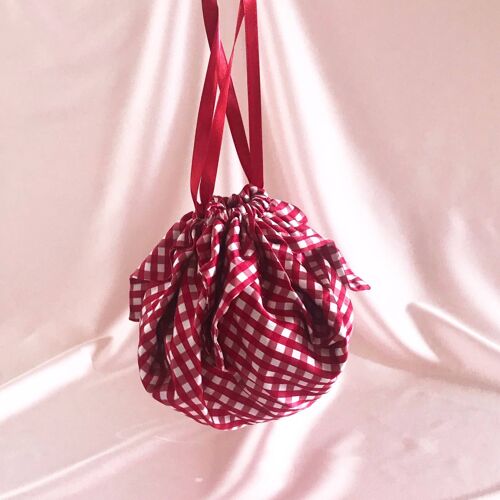 Gingham Print Silk Mitzi Puff Bag-Pink Frosted Chain