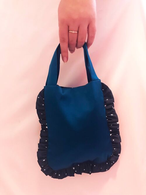 Sapphire Teal with Navy Star Print Marina Ruffle Bag-Frosted Pink Chain