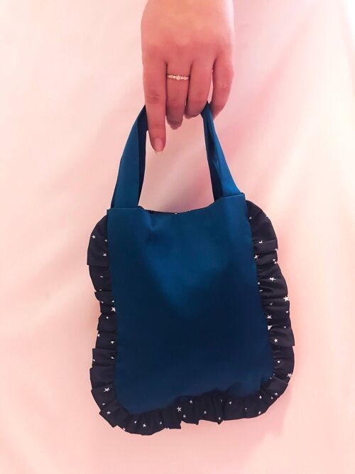 Sapphire Teal with Navy Star Print Marina Ruffle Bag-Grey Chain