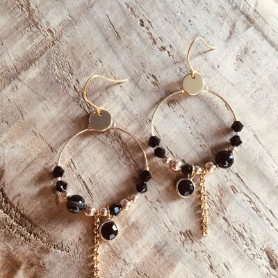 Gold steel hoop earrings with swarovski pearls, Agate stone and Hematite