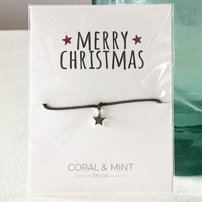 Merry Christmas Black Star Charm Bracelet with Black Cord