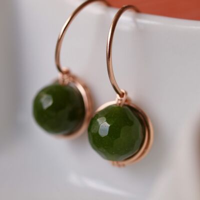 Jade Green Earrings, Rose Gold, Swarovski Earrings, Faceted French Rose Gold Filled Earrings