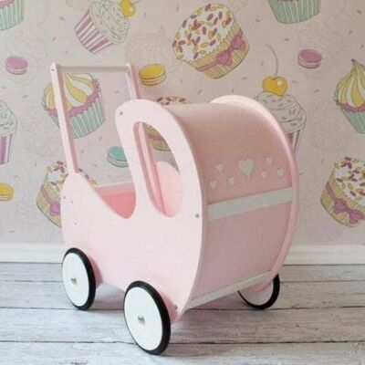 Handmade Wooden Doll Pram Pink from £99 Pram With Cloud And Stars Decor