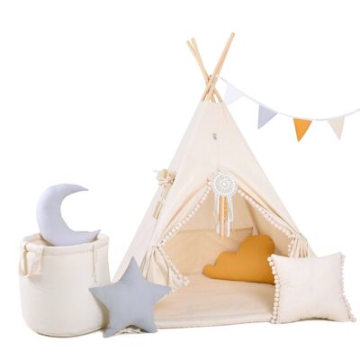 Set Teepee per bambini Creamy Cumulus Teepee, tappetino, due cuscini, cestino, stamina, acchiappasogni