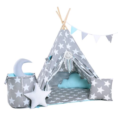 Child's Teepee Set Under Sky Star Teepee, floor mat, two pillows, basket, bunting, dreamcatcher