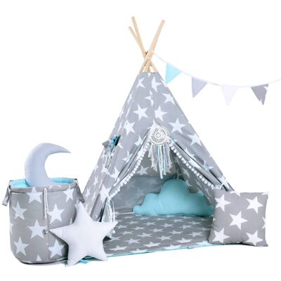 Child's Teepee Set Under Sky Star Teepee, floor mat, two pillows, basket, bunting, dreamcatcher
