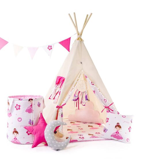 Child's Teepee Set Thumbelina Teepee, floor mat, two pillows, basket, bunting, dreamcatcher