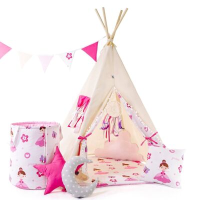 Ensemble tipi pour enfant Thumbelina Tipi, tapis de sol, deux oreillers, panier, bruant, dreamcatcher