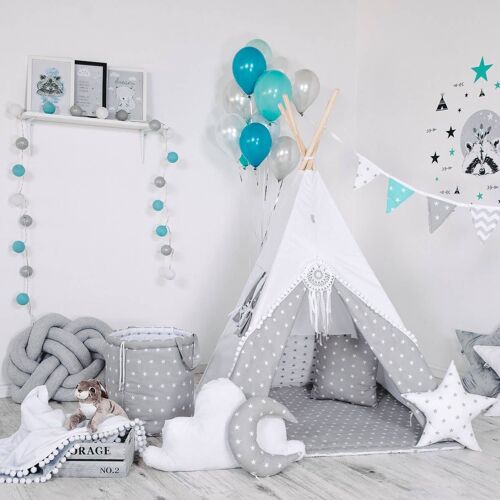 Child's Teepee Set White Kingdom Teepee, floor mat, two pillows, basket, bunting, dreamcatcher