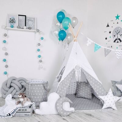 Juego de tipi para niños White Kingdom Teepee, tapete, dos almohadas, canasta, banderines, atrapasueños