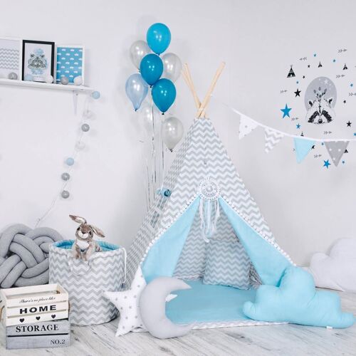 Child's Teepee Set Blue Nap Teepee, floor mat, two pillows, basket, bunting, dreamcatcher