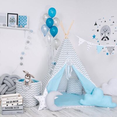 Child's Teepee Set Blue Nap Teepee, floor mat, two pillows, basket, bunting, dreamcatcher