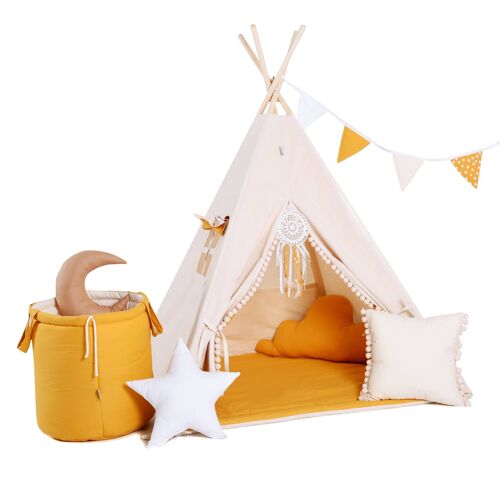 Child's Teepee Set Creamy Honey Teepee, floor mat, two pillows, basket, bunting, dreamcatcher