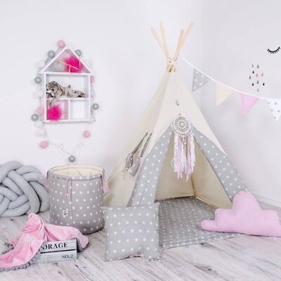 Juego de tipi para niños Vanilla Land Tipi, tapete, dos almohadas, canasta, banderines, atrapasueños