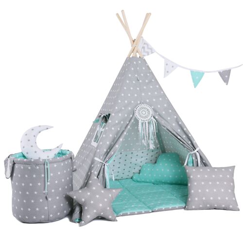 Child's Teepee Set Mint Dust Teepee, floor mat, two pillows, basket, bunting, dreamcatcher