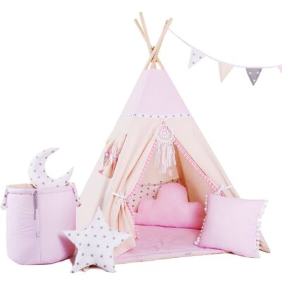 Juego de tipi para niños Princesses Teepee, tapete, dos almohadas, canasta, banderines, atrapasueños