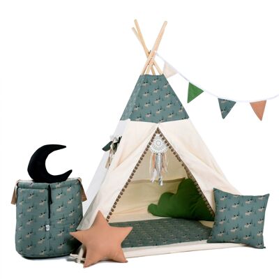 Child's Teepee Set Elk Teepee, floor mat, two pillows, basket, bunting, dreamcatcher