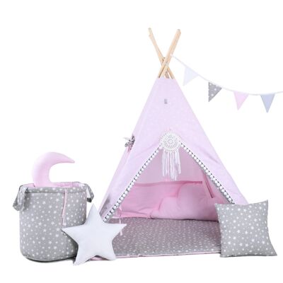 Child's Set Cardinal Grey Teepee, floor mat, two pillows, basket, bunting, dreamcatcher