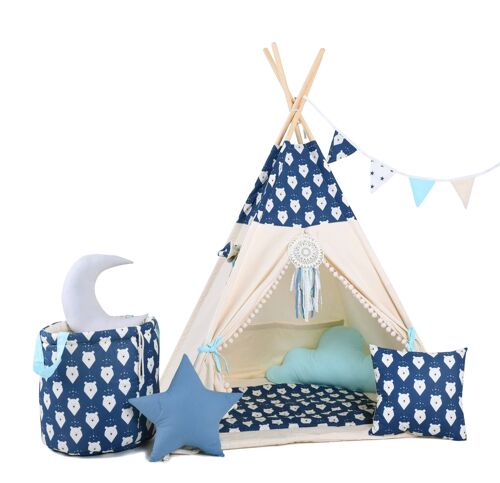 Child's Teepee Set Bears Teepee, floor mat, two pillows, basket, bunting, dreamcatcher