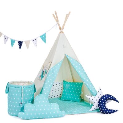 Child's Teepee Set Pale Green Sky Teepee, floor mat, two pillows, basket, bunting, dreamcatcher