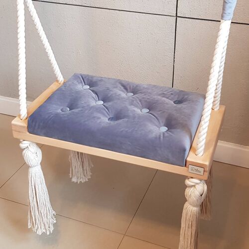 Wooden Indoor Swing Natural Grey/Blue Velvet