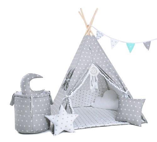 Child's Teepee Set Rabbit’s Paw Teepee, floor mat, two pillows, basket, bunting, dreamcatcher
