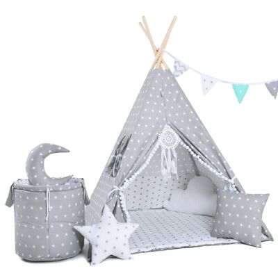 Juego de tipi para niños Tipi de pata de conejo, tapete, dos almohadas, canasta, banderines, atrapasueños