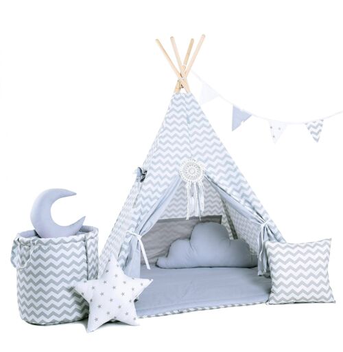 Child's Teepee Set Silvery Waves Teepee, floor mat, two pillows, basket, bunting, dreamcatcher