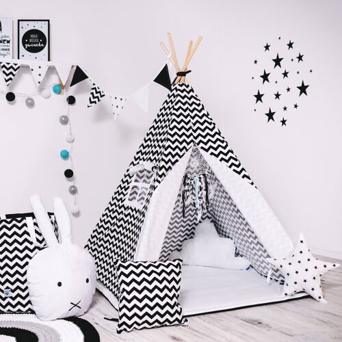 Child's Teepee Set White Kites Teepee, floor mat, two pillows, basket, bunting, dreamcatcher