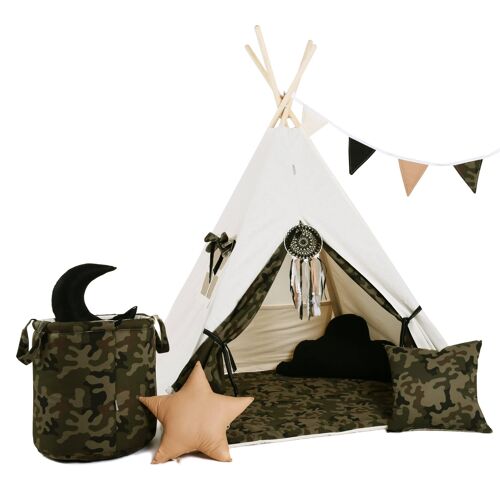 Child's Teepee Set Little Soldier Teepee, floor mat, two pillows, basket, bunting, dreamcatcher