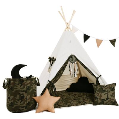 Child's Teepee Set Little Soldier Teepee, floor mat, two pillows, basket, bunting, dreamcatcher