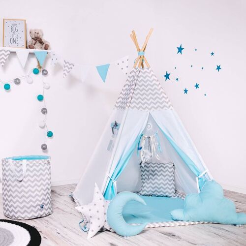 Child's Teepee Set Blue Wind Teepee, floor mat, two pillows, basket, bunting, dreamcatcher