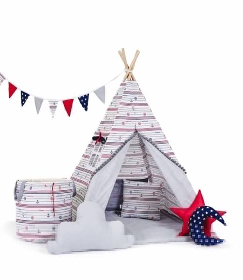 Child's Teepee Set Sea Stripes Teepee, floor mat, two pillows, basket, bunting, dreamcatcher