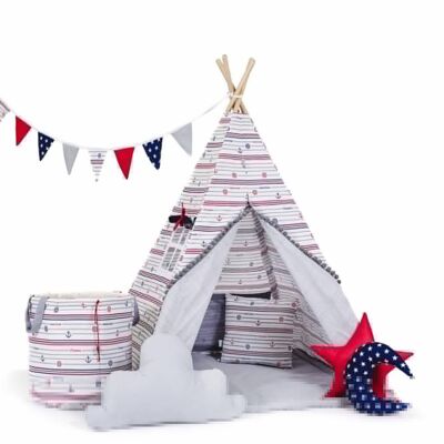 Child's Teepee Set Sea Stripes Teepee, floor mat, two pillows, basket, bunting, dreamcatcher