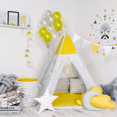 Child's Teepee Set Sunny Waves Teepee, floor mat, two pillows, basket, bunting, dreamcatcher