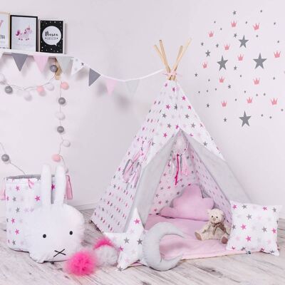Child's Teepee Set Candy Constellations Teepee, floor mat, two pillows, basket, bunting, dreamcatcher