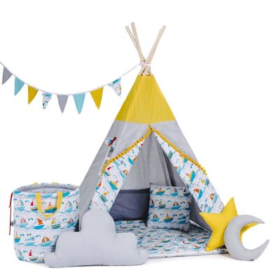 Child's Teepee Set Boats On The Waves Teepee, floor mat, two pillows, basket, bunting, dreamcatcher