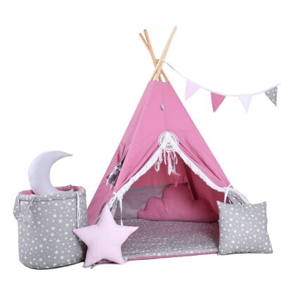 Juego de tipi para niños Blueberry Tassle Teepee, tapete, dos almohadas, canasta, banderines, atrapasueños