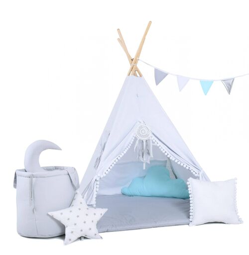 Child's Teepee Set White Angel Teepee, floor mat, two pillows, basket, bunting, dreamcatcher
