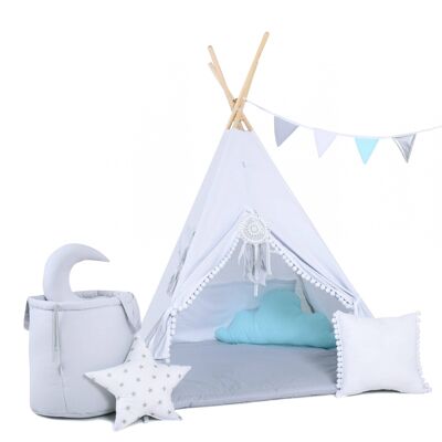 Child's Teepee Set White Angel Teepee, floor mat, two pillows, basket, bunting, dreamcatcher