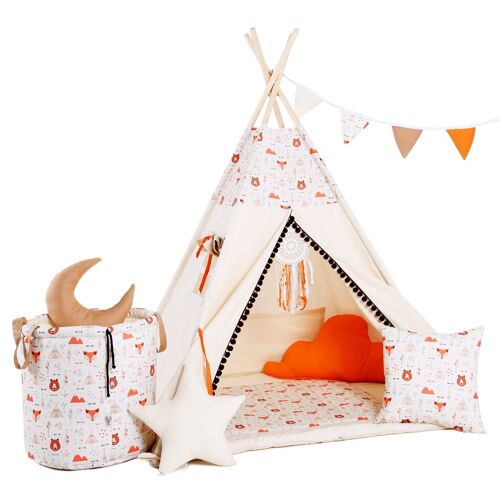 Child's Teepee Set My Friend Teddy Teepee, floor mat, two pillows, basket, bunting, dreamcatcher