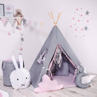 Juego de tipi para niños Bubbles Teepee, tapete, dos almohadas, canasta, banderines, atrapasueños