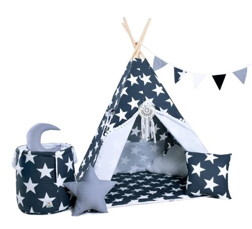 Child's Teepee Set Graphite Kingdom Teepee, floor mat, two pillows, basket, bunting, dreamcatcher