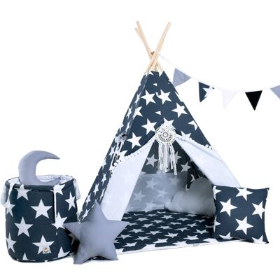 Kinder Tipi Set Graphite Kingdom Tipi, Fußmatte, zwei Kissen, Korb, Ammer, Traumfänger