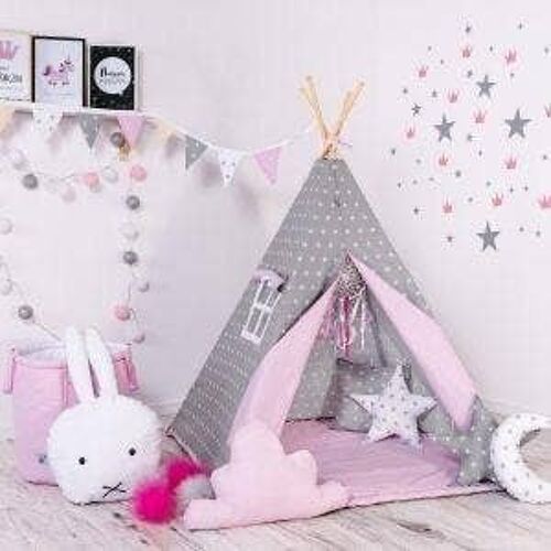 Child's Teepee Set Pink Dust Teepee, floor mat, two pillows, basket, bunting, dreamcatcher
