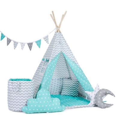 Tipi pour enfant Mint Nap Tipi, tapis de sol, deux oreillers, panier, bruant, dreamcatcher