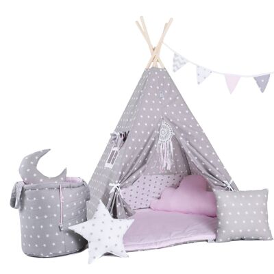 Child's Teepee Set Pink Powder Teepee, floor mat, two pillows, basket, bunting, dreamcatcher