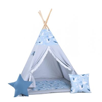 Child's Teepee Swan Teepee, floor mat, two pillows, basket, bunting, dreamcatcher