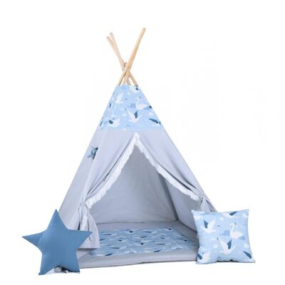 Child's Teepee Swan Teepee, floor mat, two pillows, basket, bunting, dreamcatcher